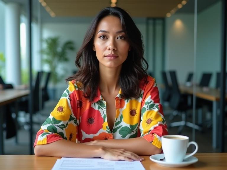 Photo of a Mexican woman in a corporate boardroom. She has fair skin dark hair large hazel eyes. She is wearing a floral midi dress with large patterns bright red yellow green. Her expression is calm and neutral. Her posture is straight relaxed looking straight ahead. Documents and a cup of coffee are in front of her. The background includes glass walls office furniture.