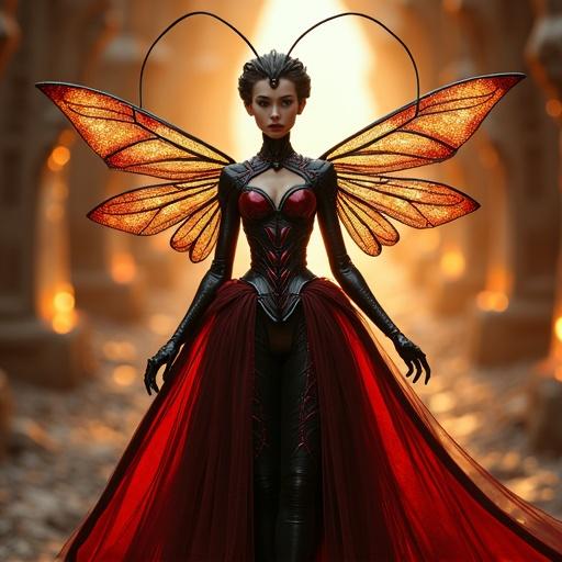 Anthropomorphic ant queen portrayed as a beautiful woman. Flawless face and luminous skin. Elegant body with alluring curves. Wears an exoskeleton resembling a royal gown. Magnificent black and crimson armor. Features six limbs; graceful arms and stylized insectoid legs. Long elongated abdomen resembling an ant queen's tail. Translucent shimmering wings. Elegant antennae on forehead. Poised and commanding pose. Set in a glowing underground crystal palace.