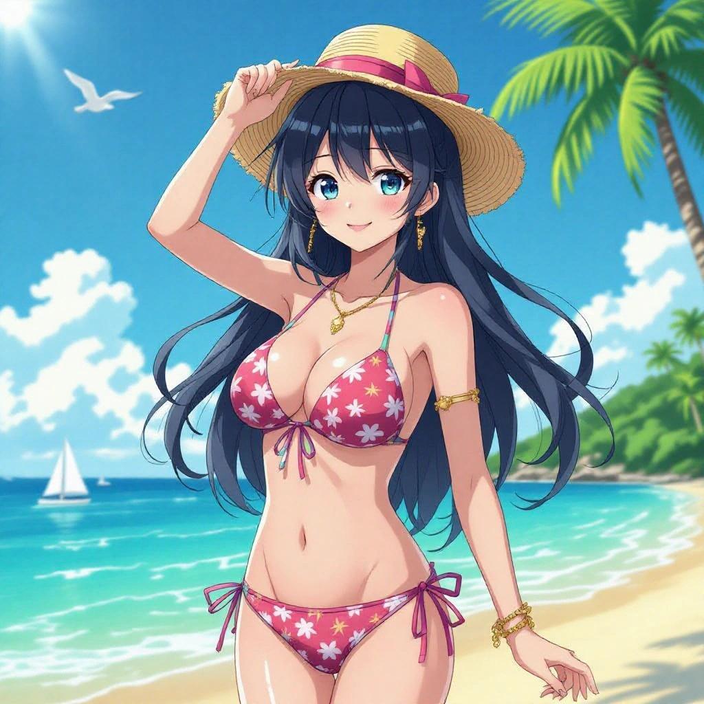 Anime girl with a big chest wearing a pink bikini and straw hat at the beach. The scene includes palm trees, the ocean, and a sunny sky.