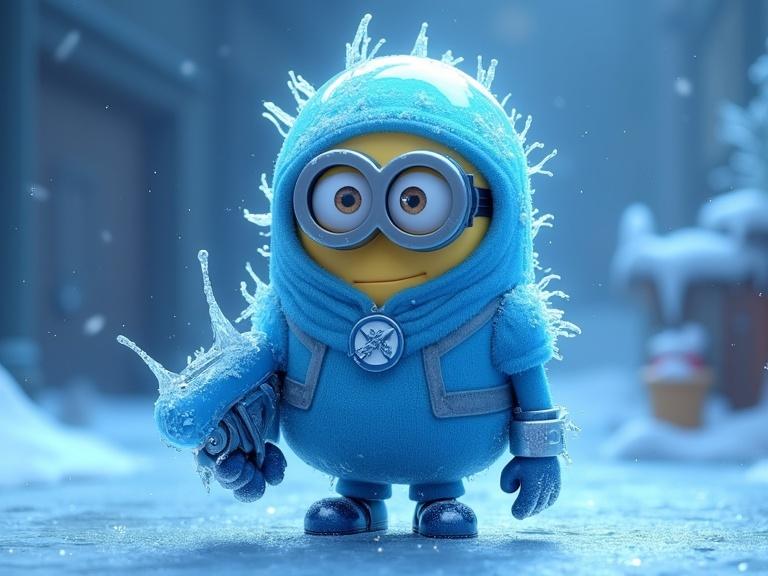 A blue-themed minion dressed as Mr Freeze features a glass dome helmet icy armor holds a freezing gun with frost effects stands in a frozen lab 3D cartoon render.