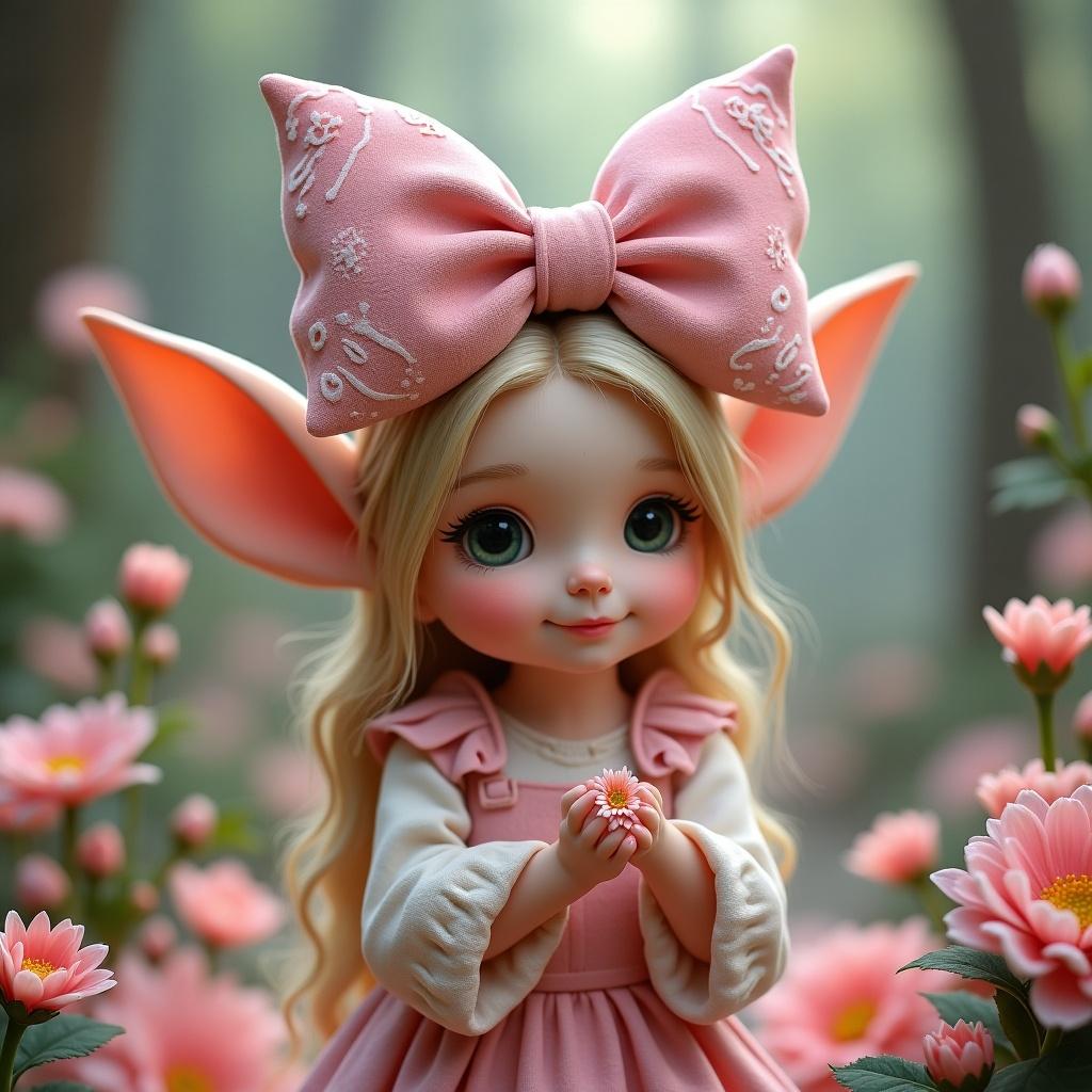 Elf character with pink velvet hair bow holding a flower in a floral setting.