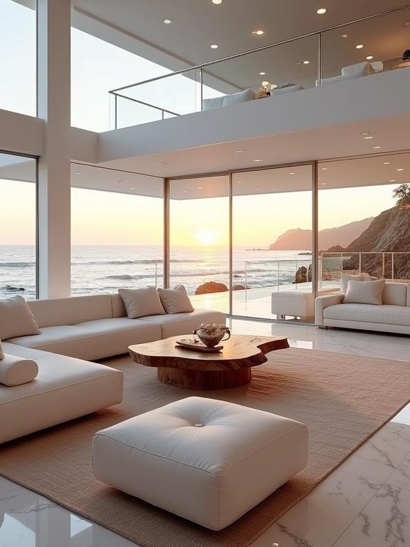 Luxurious beachfront interior blends modern design with organic elements. Includes white leather sofas, a live-edge wooden coffee table, a plush area rug, floor-to-ceiling glass windows, marble flooring, and ceiling lights. Features an indoor plant in the corner and a dining area with high-back chairs. Sophisticated and calm ambiance with ocean views and sunset light.