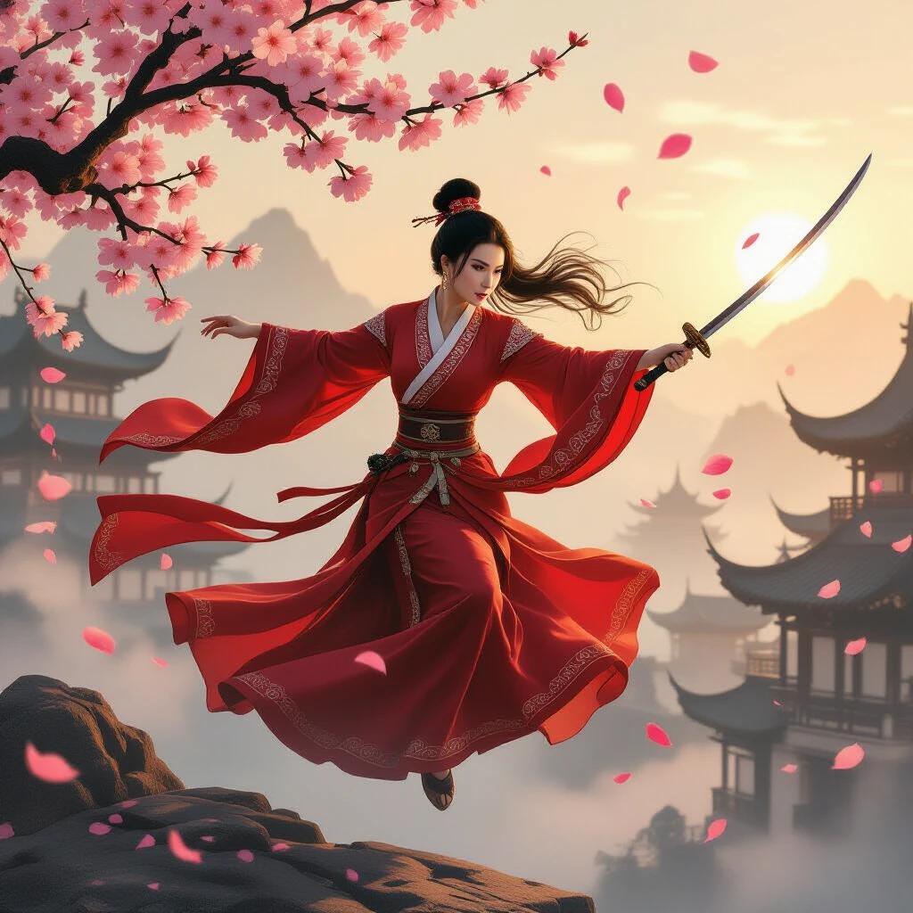 Movie poster depicting dynamic action. Michelle Yeoh in ornate Hanfu mid-spin. Swords are clashing nearby. Cherry blossoms are illustrated frozen in the wind. Scene illuminated by soft golden light with fog effects. 6K resolution with silk and hair detailing.