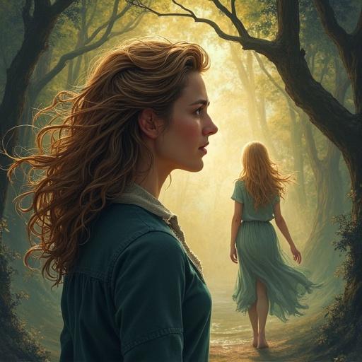 Fantasy drawing depicting a man gazing at a golden-haired woman in a mystical realm.