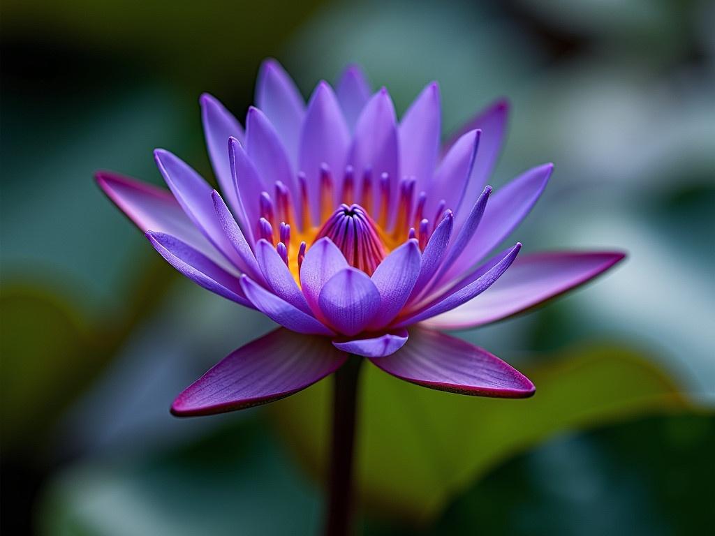 The image is of a beautiful water lily with vibrant purple petals, showcasing its intricate layering. The flower is centered in the frame, surrounded by a soft, blurred background that enhances its colors. The petals gleam slightly, indicating they are either wet or well-lit, making the flower appear fresh and alive. Green leaves support the flower, adding a contrast to the purple with their rich tones. There are hints of a serene water surface in the background, suggesting a calm pond setting.