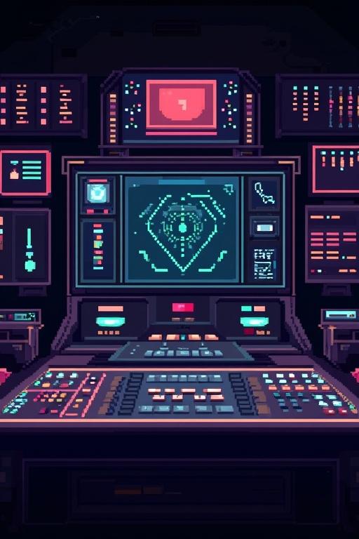 Pixel art game user interface with central control panel showing bright glowing elements. Dark background enhances vibrant colors. Various buttons and screens displayed. Retro aesthetics reflected throughout.
