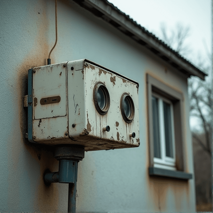 A rusted metal box with two circular lenses is mounted on an exterior wall near a window.