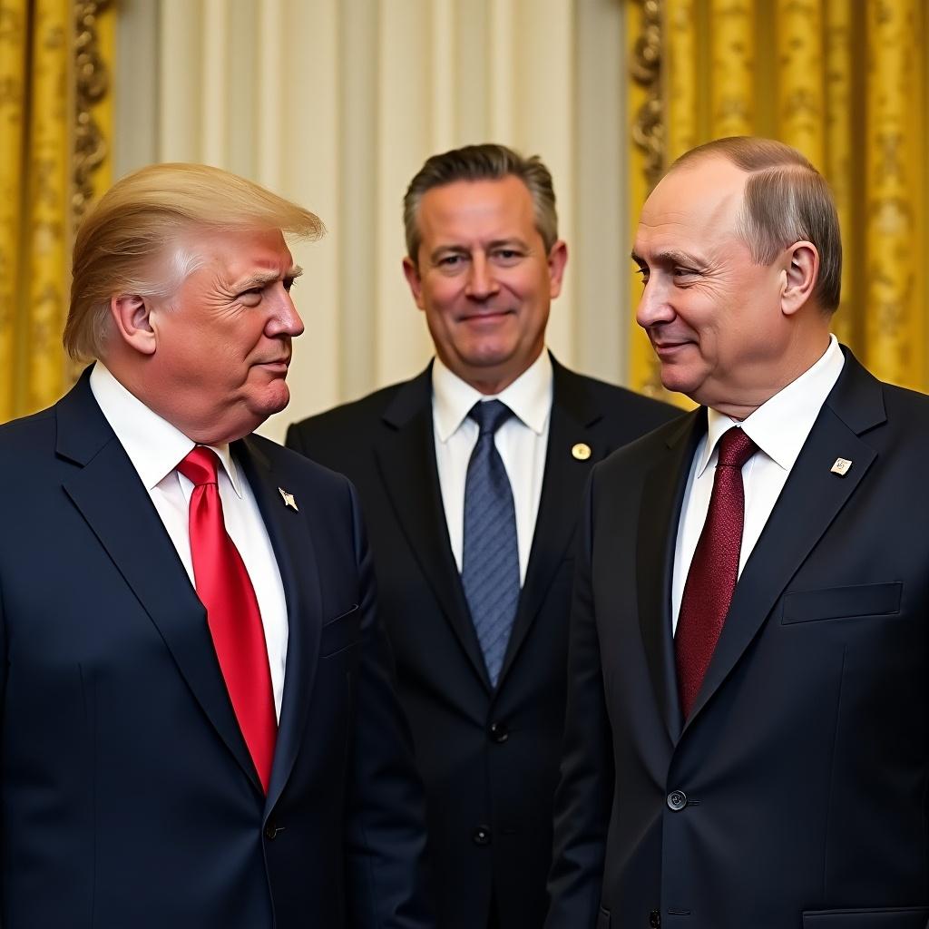 Image depicting three prominent political figures in formal attire. Background features luxurious decor. The setting suggests a meeting or diplomatic discussion.