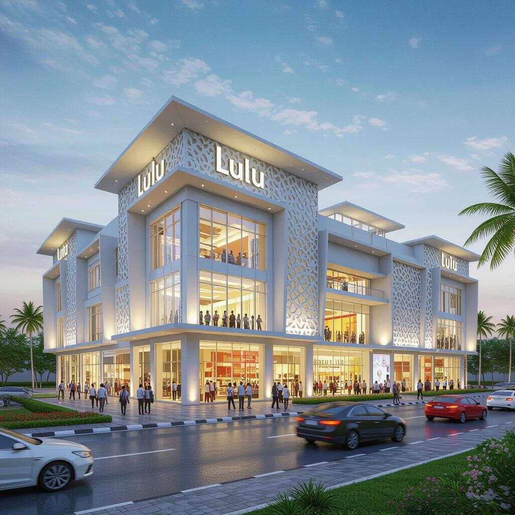A modern Lulu Mall in Kochi at twilight. The mall features a spacious facade with large glass windows. Palm trees surround the building. Vehicles pass by in the foreground. The atmosphere is lively and inviting.