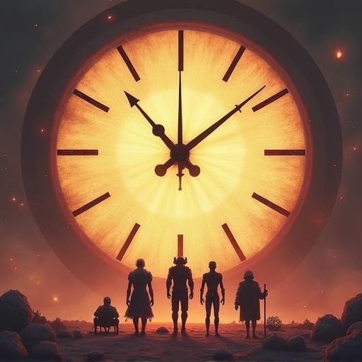Illustration showing stages of life. Giant glowing clock with bold hands at 10:10 in the background. Five figures representing life stages: cells, curled baby, youthful figure, elderly with cane, pile of ashes. Warm, fading colors create a melancholic atmosphere. Symmetrical composition with figures arranged in arc from left to right.