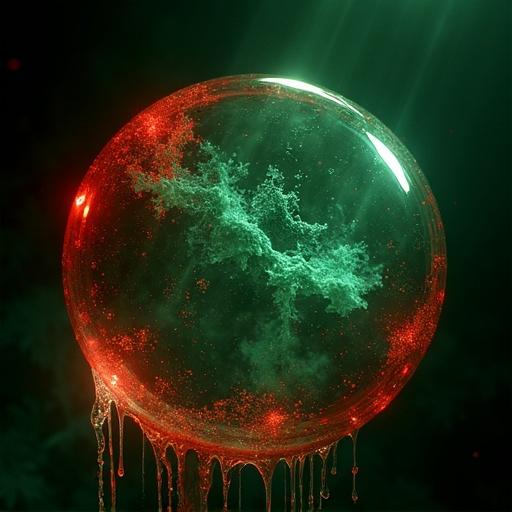 Image depicts a water bullet styled artistic representation. The artwork uses a depth contrast method. It features glowing effects in light-green and red colors. Dominant colors include black along with glowing elements.