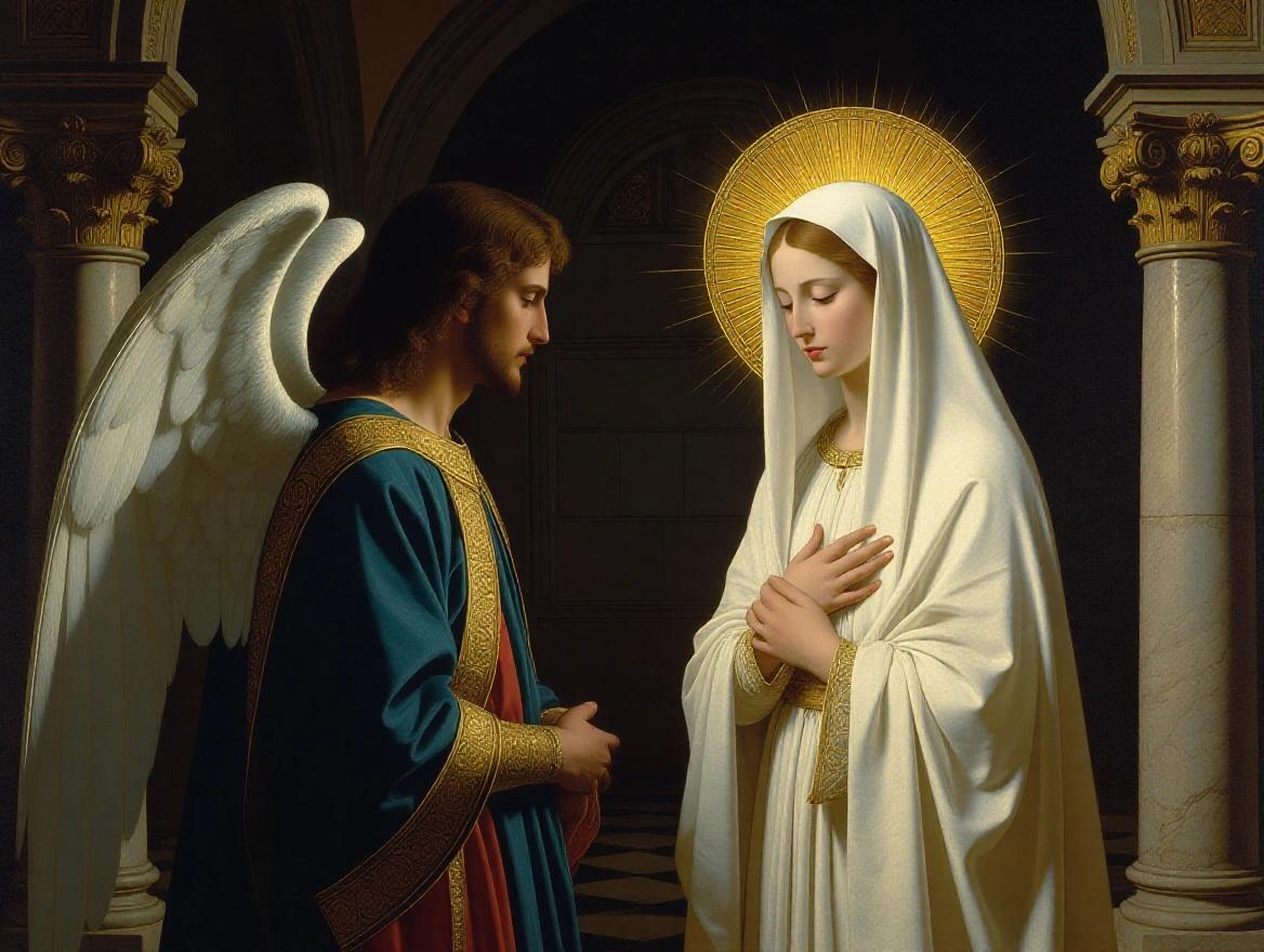 Classical painting of the Annunciation scene in a dimly lit space. Virgin Mary in a white veil covering her hair. Golden halo around her head. Serene expression on her face. Archangel Gabriel before her with wings spread. He wears robes in blue and gold. Stone-walled room with columns and vaulted ceiling. Catholic sacred art with intricate details and soft lighting.