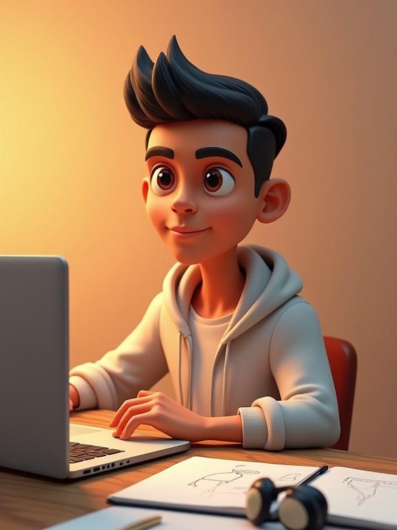 3D cartoon scene with a young male Egyptian designer at a desk. Designer with warm olive skin and dark eyes. Modern haircut of moderate length, slightly tousled. Sitting at a desk with a laptop and sketchbook. Excited expression for design work in a cozy environment. Vibrant colors with smooth shading.