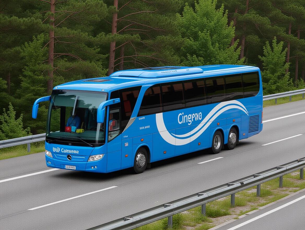 A blue bus drives on a highway surrounded by trees. It appears modern and well-maintained. The road is straight with a clear view ahead.
