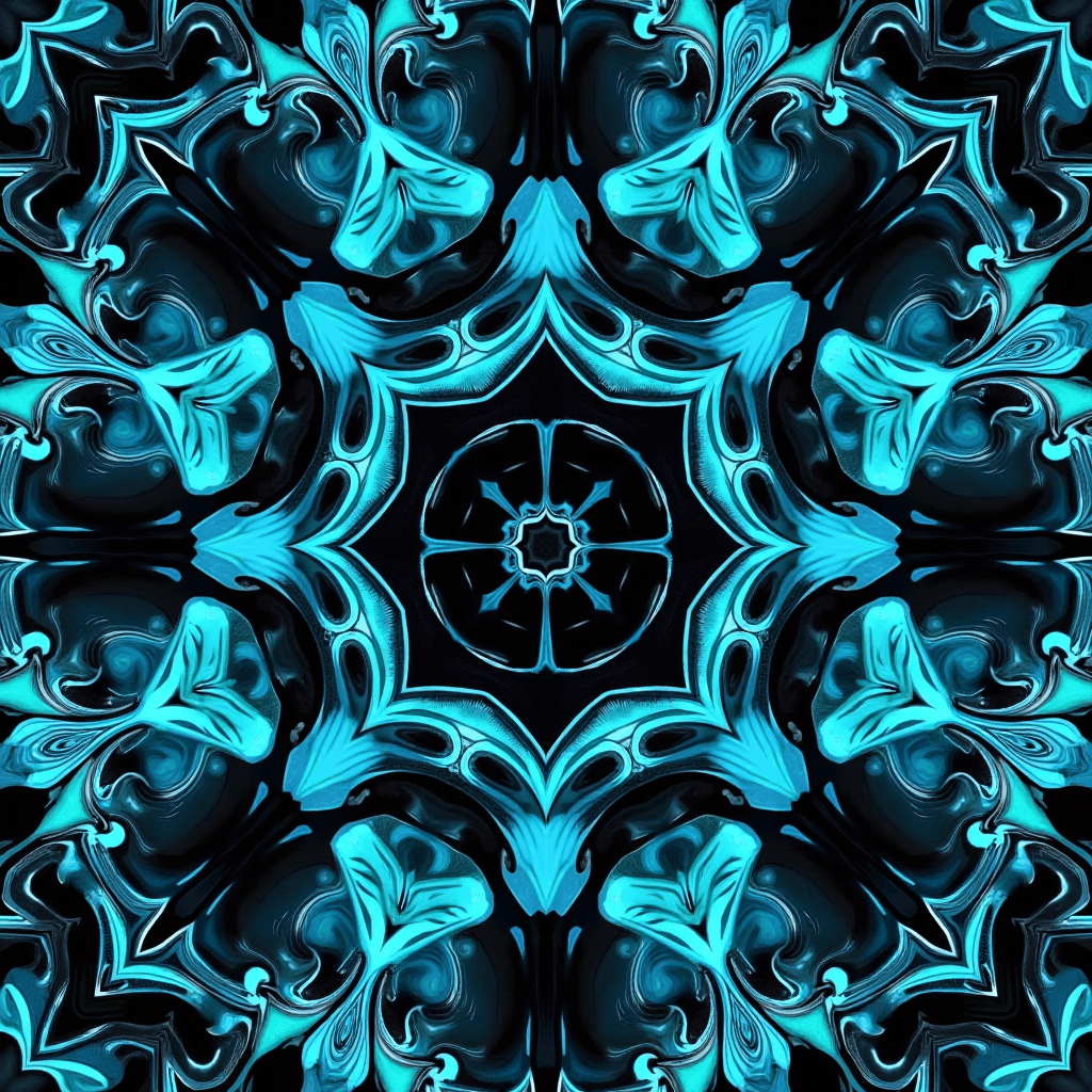 A symmetrical design with vibrant blue swirls and patterns on a dark background.