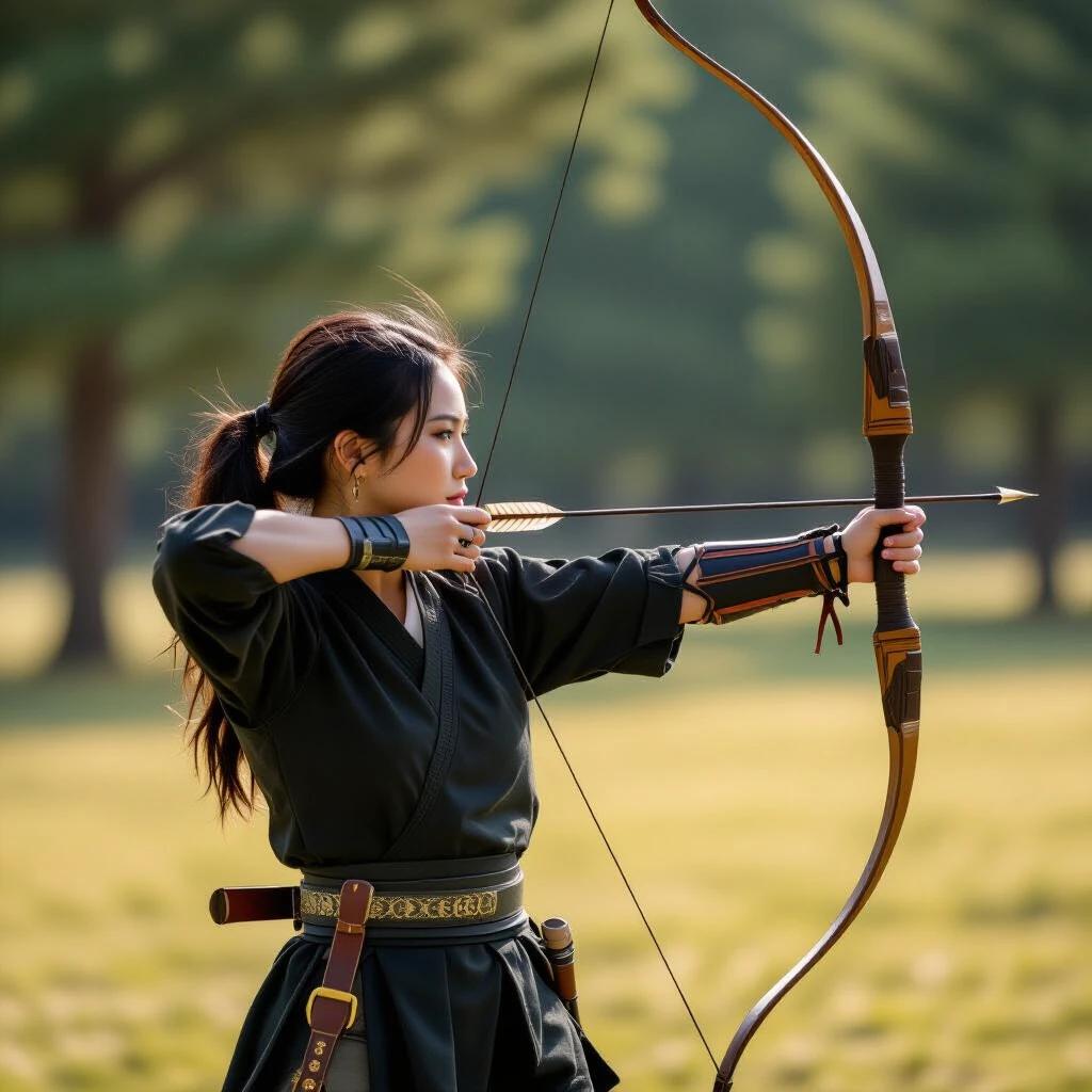 Woman practicing archery outdoors with a bow and arrow. Natural setting with green background. Focus on the act of shooting. Traditional attire worn by the archer.