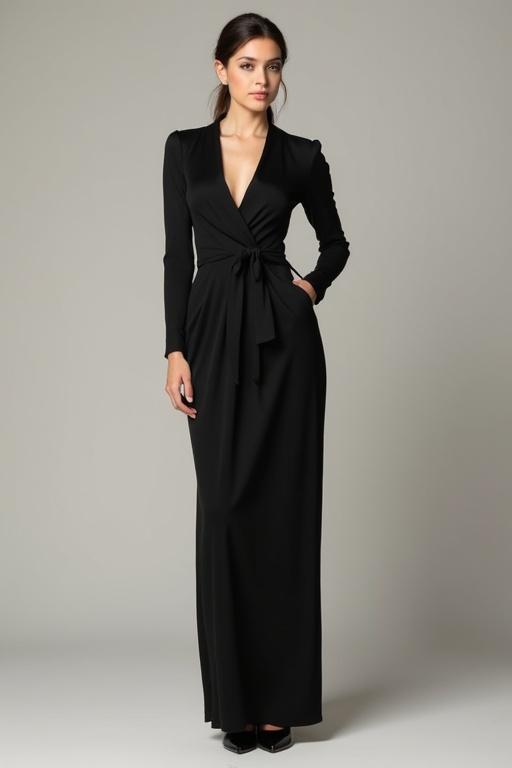 A full-body image of a woman standing. She wears a fitted, elegant black outfit. The outfit shows her silhouette. Background is neutral and minimal. Her face is visible, with natural, soft features. Posture is relaxed and confident.