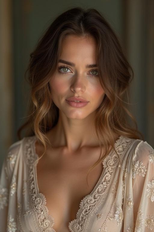 A close-up portrait of a woman with soft features and natural makeup She has long hair styled beautifully She wears a delicate garment with intricate embroidery The background is softly blurred