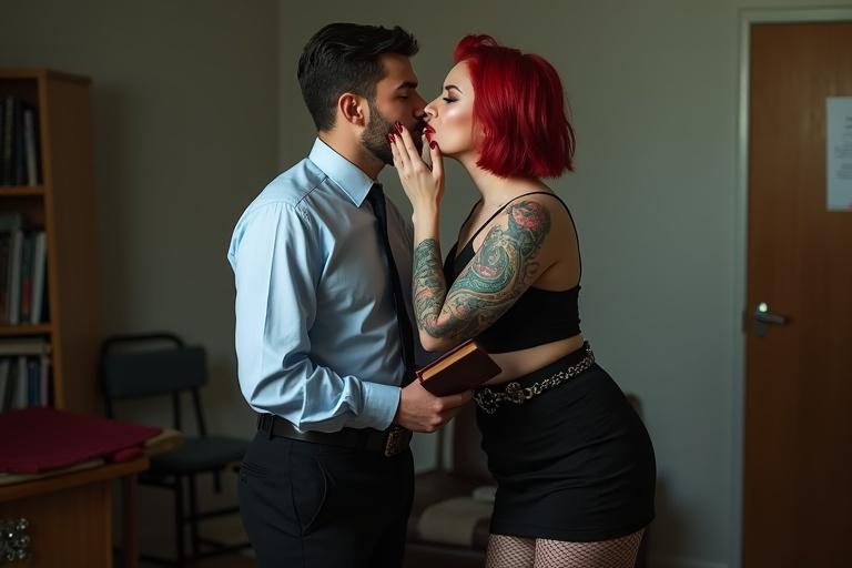 Photograph portrays intimate moment in sparse Bible college dorm room. Man wears pale blue dress shirt and black slacks holding well-worn Bible. Woman with crimson hair and serpent tattoos wears short black dress and ripped fishnet tights. She traces his cheek with painted nails while biting lip. Soft chiaroscuro lighting highlights contrast between styles.