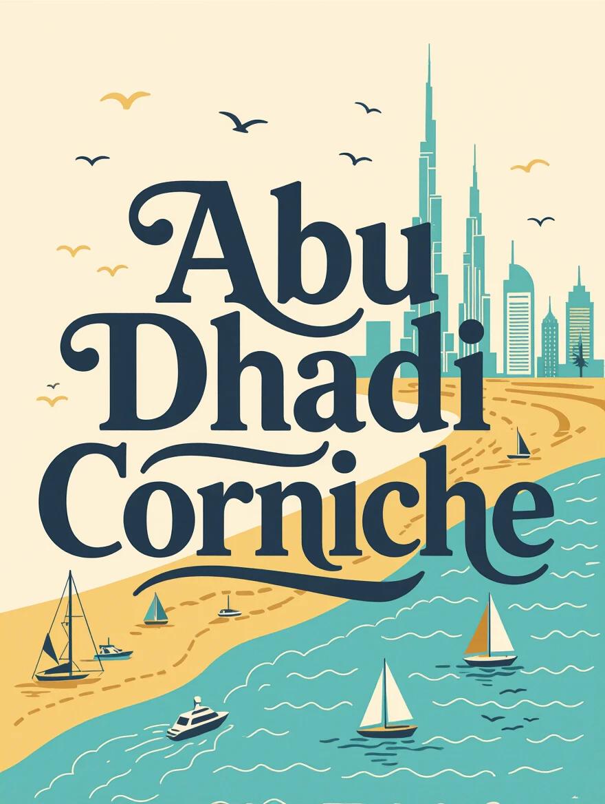 Typography poster shows 'Abu Dhabi Corniche'. Custom font highlights the phrase. Tiny graphic elements like boats and waves integrated subtly. Bright colors evoke a coastal feel.