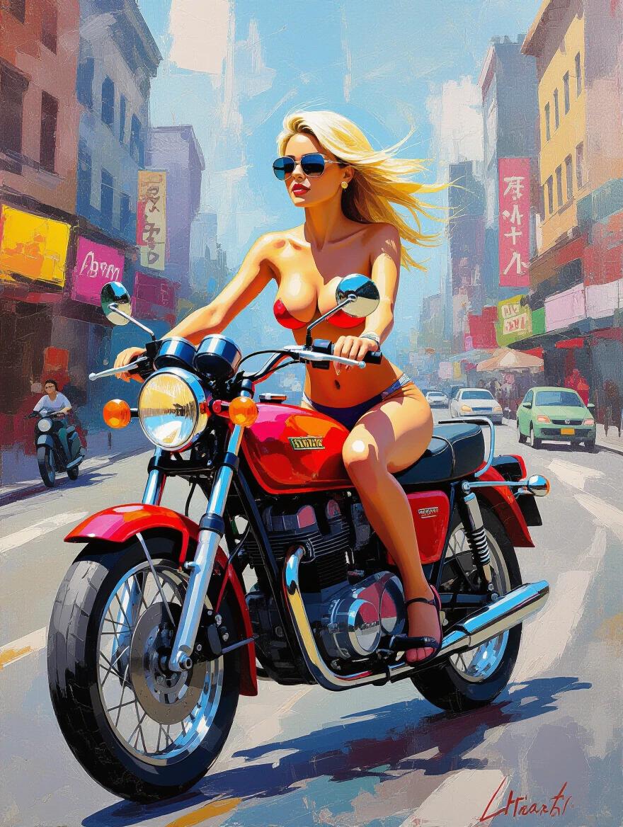 Artwork features a city lady riding a classic motorcycle. Vibrant abstract expressionism with bold brushstrokes. Evocative of energetic spontaneity.
