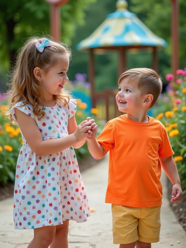 A vibrant playground setting with a preschool girl and a preschool boy holding hands. The girl wears a polka-dotted dress and a bow in her hair. The boy is in a bright orange t-shirt and shorts. Both children express joy and friendship. The background has lush greenery and colorful flower beds.