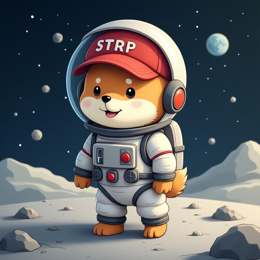 A cute shiba inu dog in a space suit is on the moon. It wears a red cap with the text '$TRP'. Background features stars and craters.