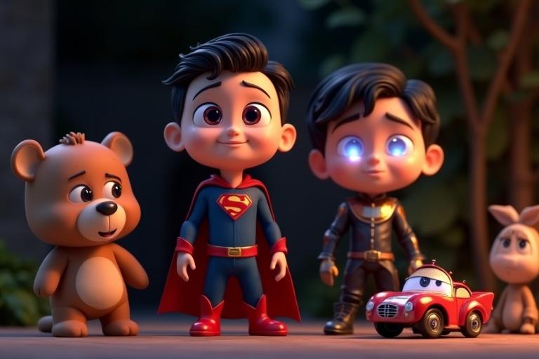 A vibrant 3D animated scene with two characters in superhero outfits and a bear beside them. Background features a dark garden setting. Characters exhibit emotions of excitement and concern. Detailed textures and colors enhance the scene.