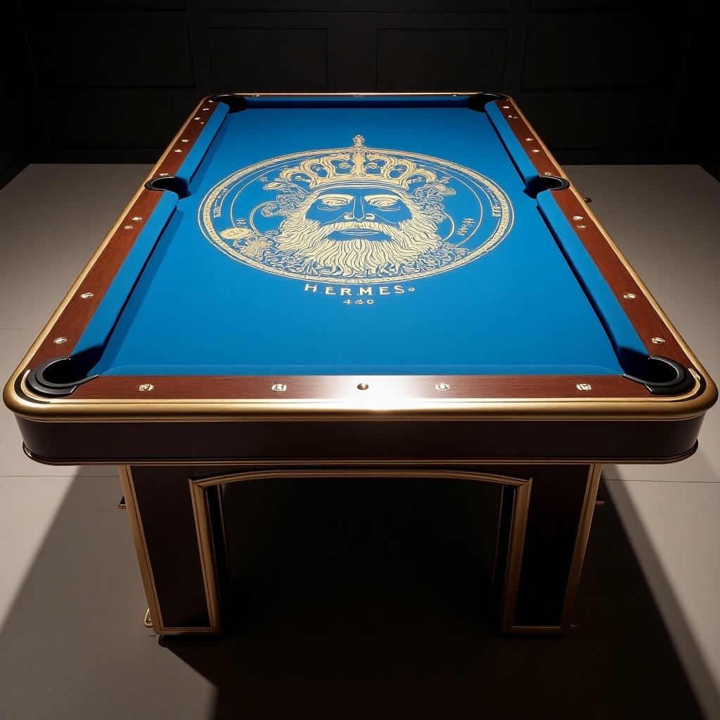 9 ft pool table from the Hermes brand. Electro blue cloth with a custom design featuring Hermes Trismegistus. Iconic picture in gold color.