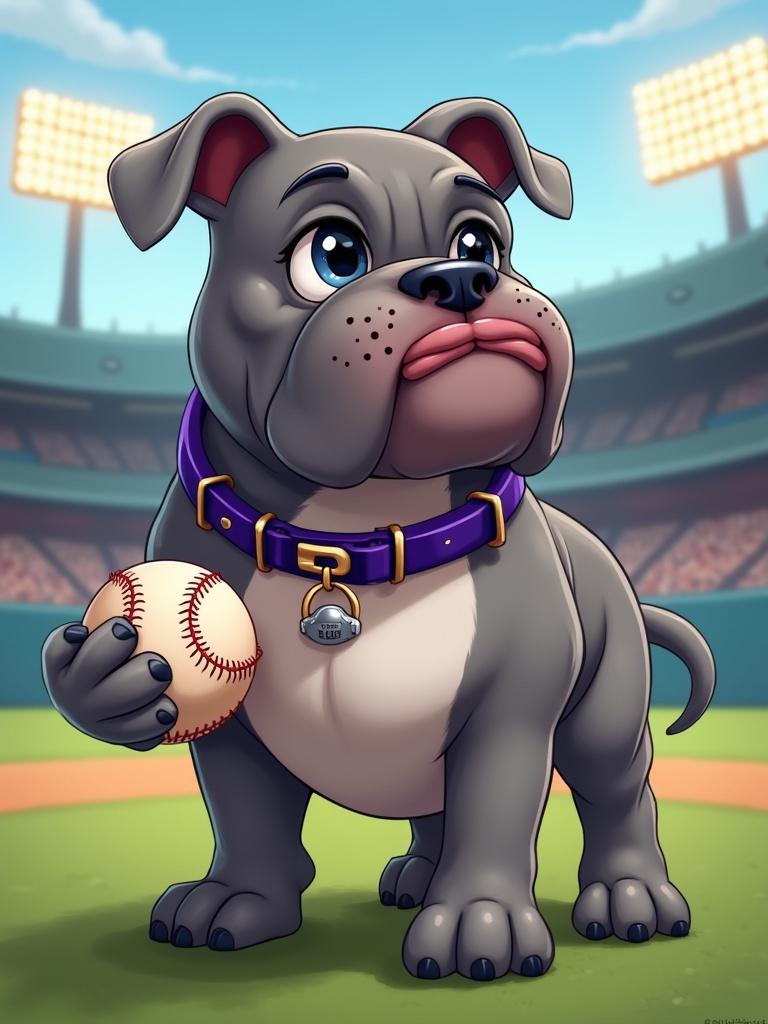 A cartoon airbrushed gray bulldog. The bulldog wears a purple collar and stands on a baseball field. In its mouth, it holds a baseball. Behind are field lights illuminating the scene.