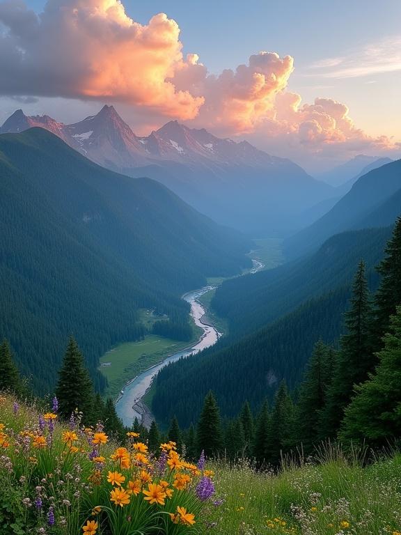 Stunning mountainous landscape at sunset with vibrant wildflower meadow in the foreground. A deep valley with lush hills and dense coniferous forests. Winding river reflects the sky. Mountains range in hues from green to blue and purple, some shrouded in mist. Dramatic sky with illuminated clouds.