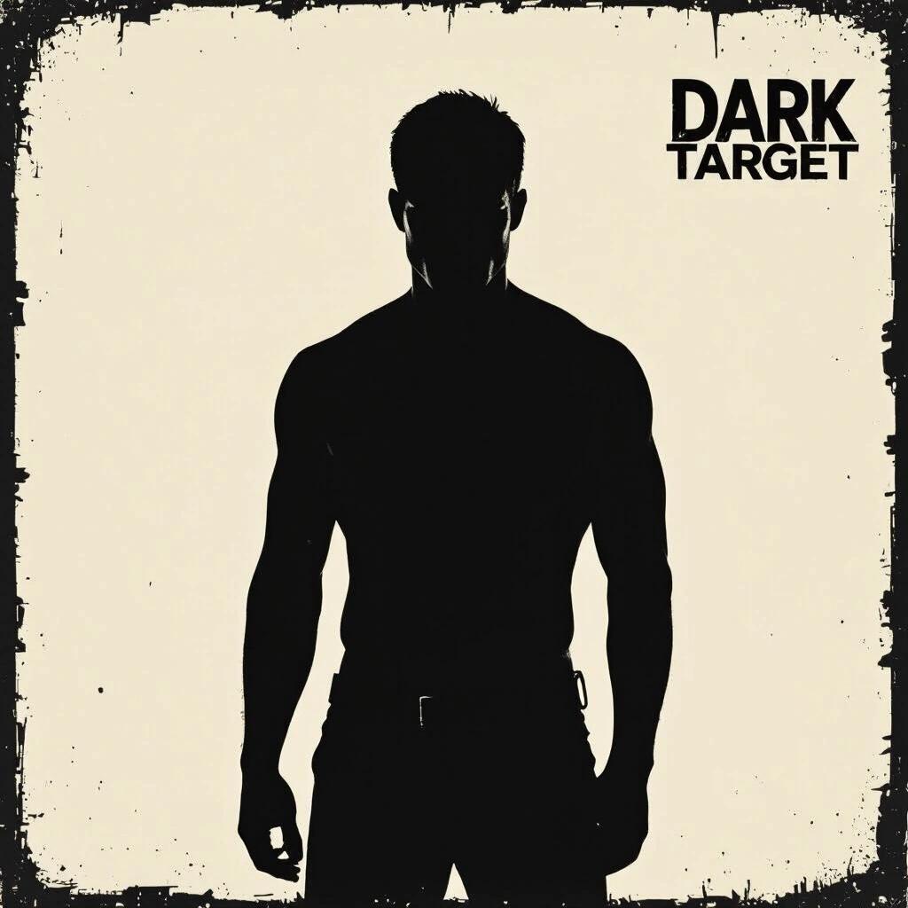 Dark raw photo of a very dark black silhouette for an album cover themed around Dexter. Nighttime setting related to Miami with the text 'Dark Target'.