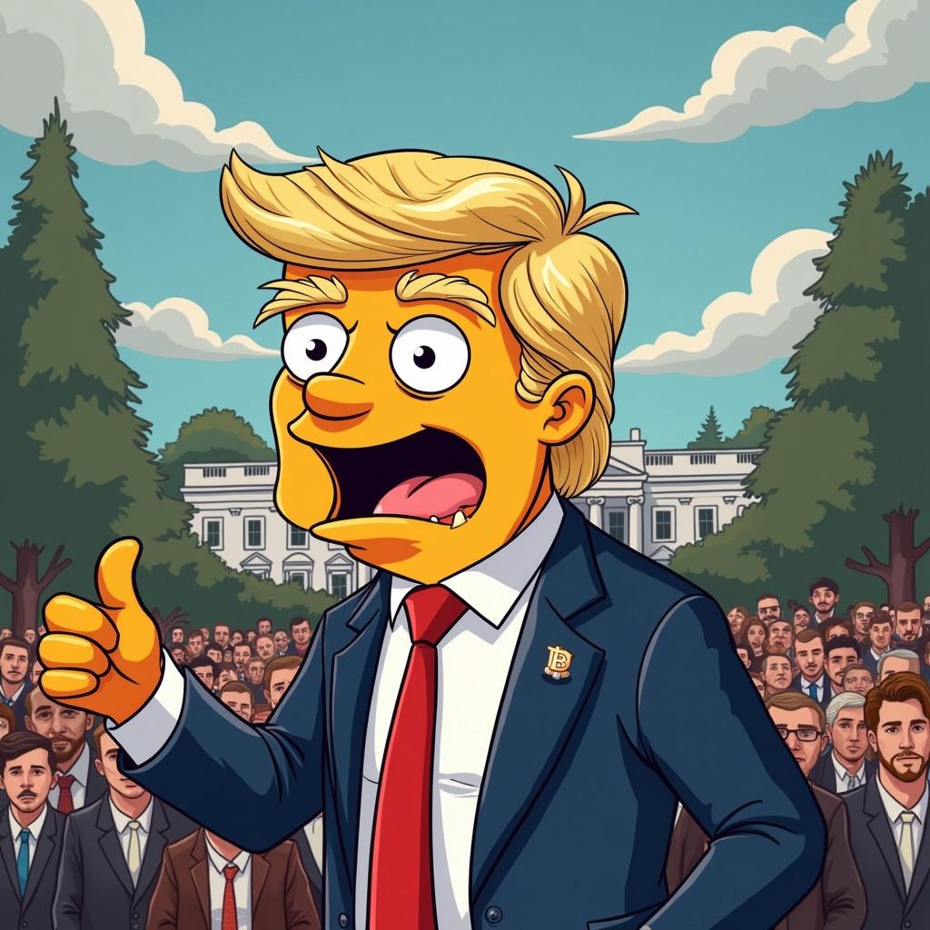 A cartoon character resembling a well-known political figure stands in front of a crowd at the White House. The character has exaggerated features and expressions, highlighting the humorous aspect of political satire. Behind the character, a crowd is present, indicating political support or opposition. It reflects a satirical take on financial and political strategies involving cryptocurrency. Overall, the image conveys a comedic interpretation of current events in politics and finance.