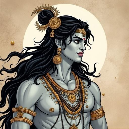 First page of a manga for God Krishna with traditional attire and jewelry in a stylized manner