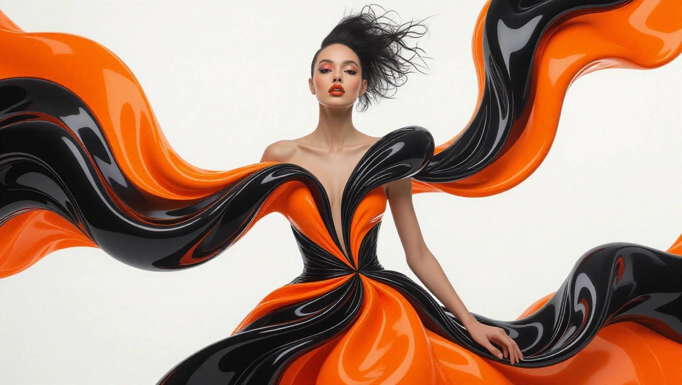 Surreal photo of a woman with open black and orange attire resembling fluid art. Dress with glossy black accents. Captivating gaze. Upper body framed against swirling abstract shapes. Ethereal mist in background. Soft diffused lighting highlights figure and vibrant orange tones.
