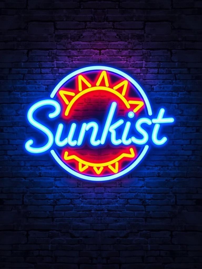 Neon sign featuring a Sunkist logo shape. Blue and orange colors glowing against a brick wall backdrop.