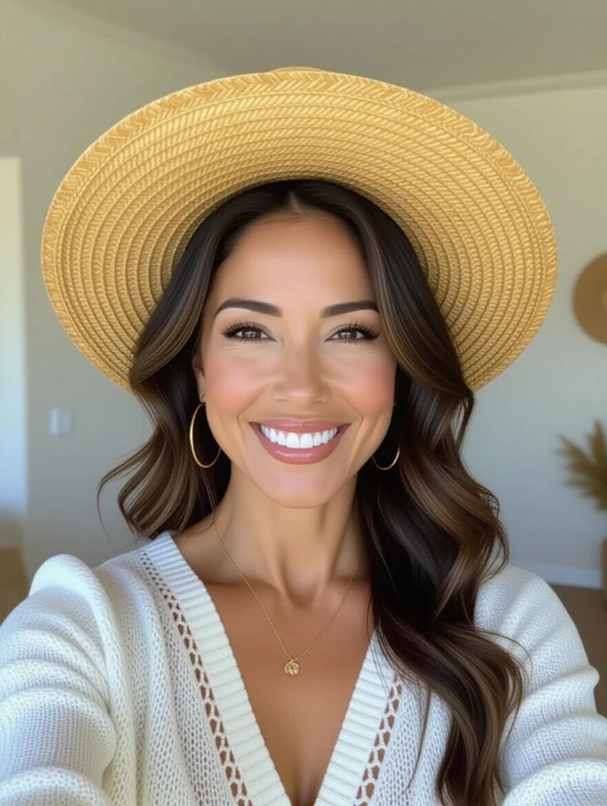 Confident Mexican woman taking a happy selfie. Natural lighting emphasizing her joyful expression and golden hat.