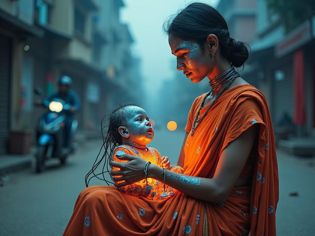 A woman in a traditional sari holding a baby, her face illuminated by a mobile device, on a busy street with motorcycles and buildings in the background.