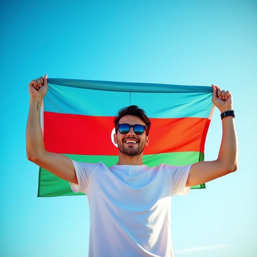 The image features a young man proudly holding the Azerbaijan flag while standing against a bright blue sky. He is wearing a simple white t-shirt and sunglasses, giving him a casual and cool look. The flag displays vibrant colors of red, green, and white, representing the nation's identity. This scene captures a spirit of patriotism and cultural pride. The sunlight enhances the colors, making the image bright and lively. It evokes feelings of joy and celebration related to Azerbaijan's rich culture and heritage.