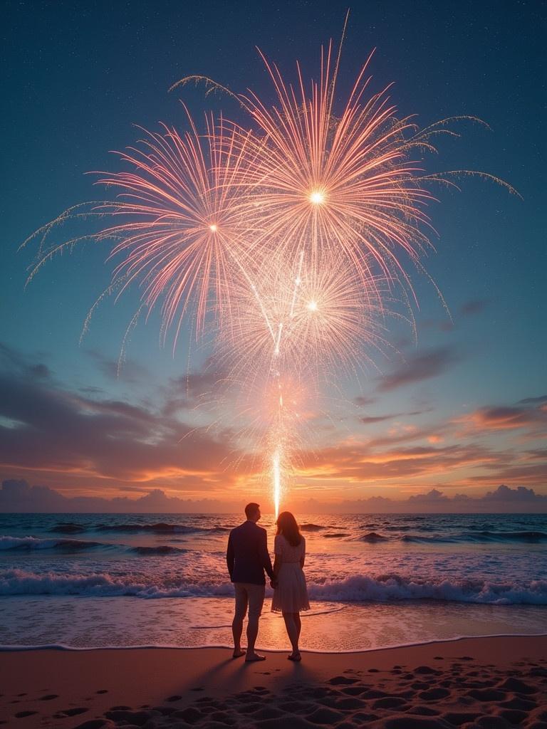 Photo of a couple holding hands on the beach. Colorful fireworks explode in the sky. Beautiful sunset in the background. Captures a romantic and celebratory moment.