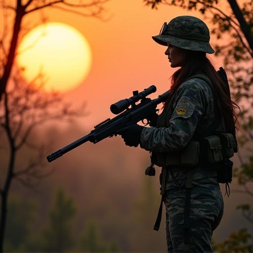 A female sniper in camouflage stands at the forest edge. She holds a sniper rifle. The sun rises in the background.