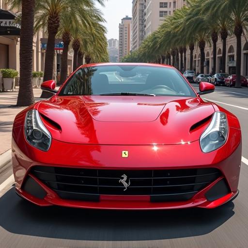 A red Ferrari on a city street under bright sunlight