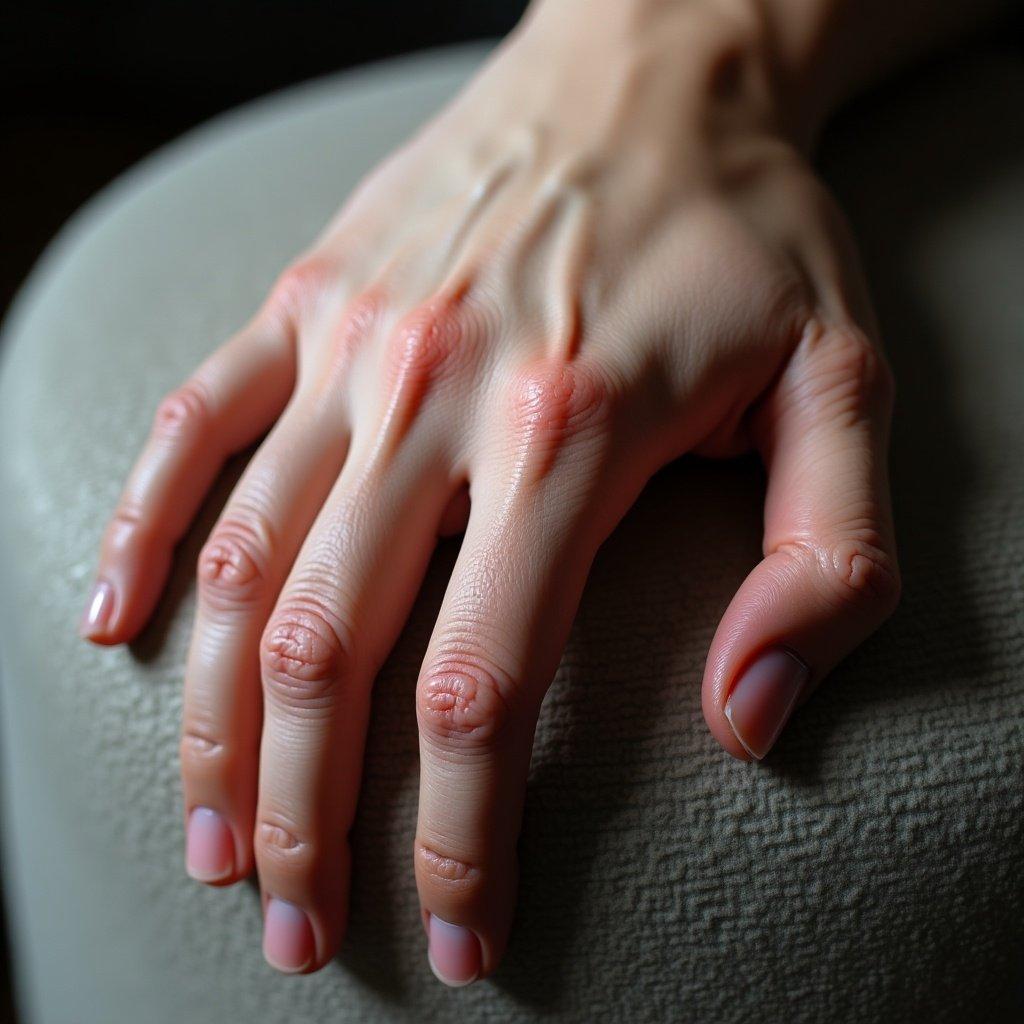 Close-up of a veiny hand placed on a surface. The focus on the texture and veins of the hand. Highlighting the details of the fingers and knuckles. Soft and natural lighting enhances the features.