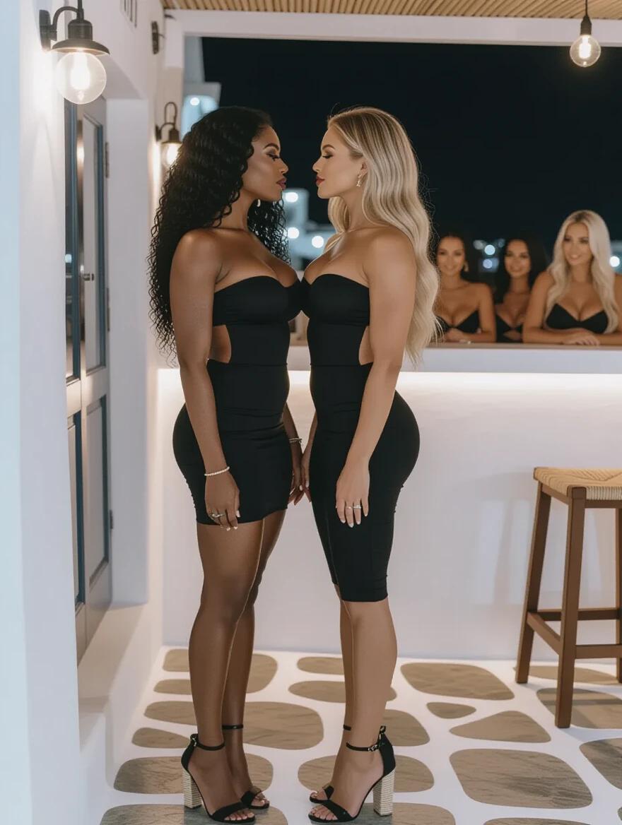 Two ultra fitness women with muscular hourglass figures stand face to face. One woman has long curly black hair; the other has long wavy blonde hair. Both wear black strapless bandage dresses with espadrille high heels. Nighttime setting in a Mykonos bar filled with women.
