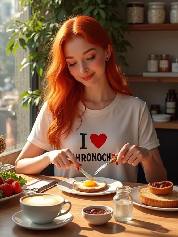 A ginger-haired woman in a cozy café sits at a table. She cuts a sunny-side-up egg while smiling. A latte and sourdough bread are on the table. There are jars of spreads and a plate of fruits. The café has a warm vibe.