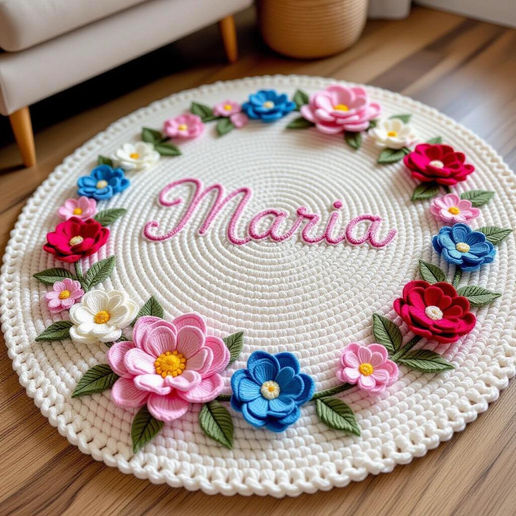Crochet rug designed with floral elements featuring the name Maria. Flowers include red, pink, and blue embellishments. Rug made with high-quality materials. Sophisticated and professional appearance.