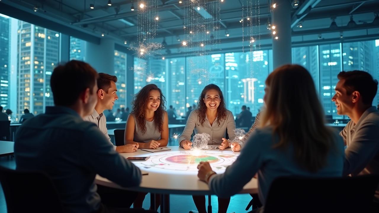 Wide shot of a high-tech design studio with a team around a table. Team celebrates design success using AI and BIM tools. Holograms and visualizations hover around them.