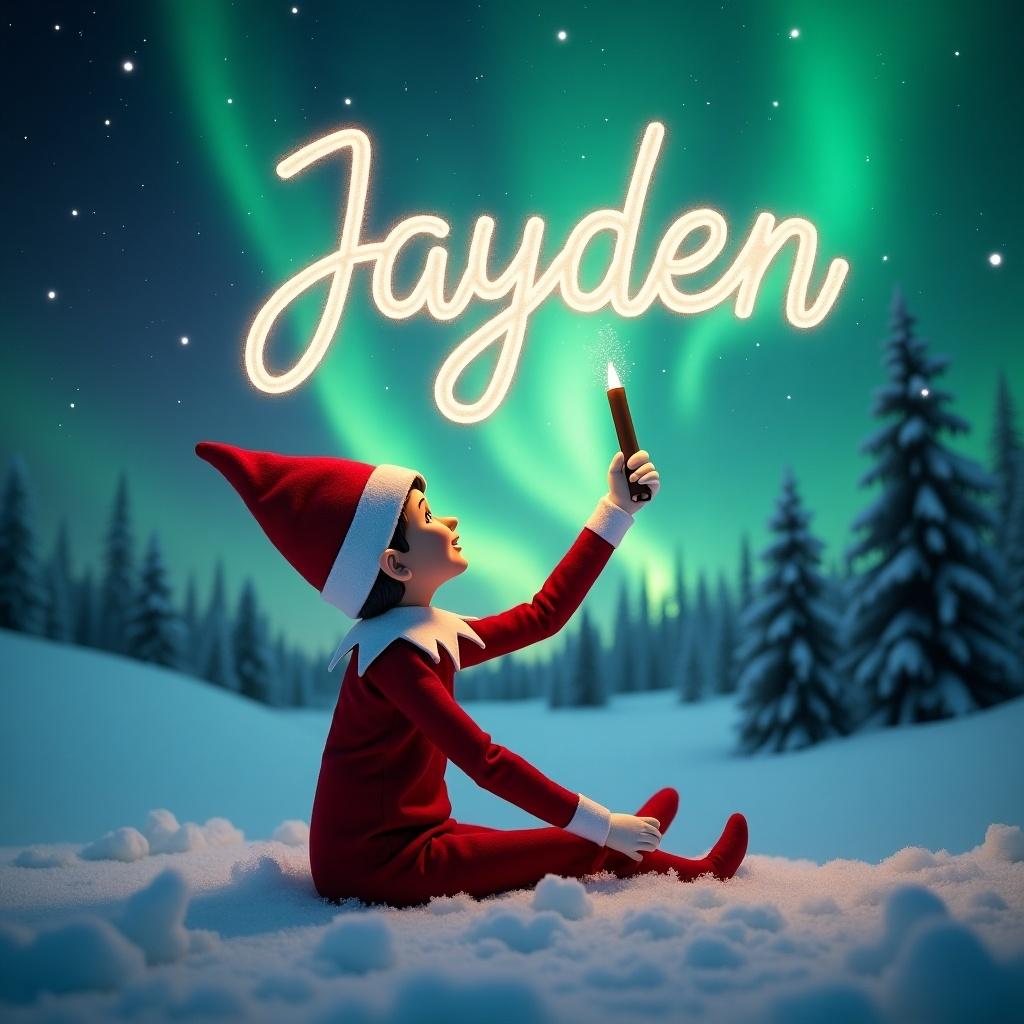 Elf on the shelf is in a snowy landscape. Elf gazes up at the sky and uses a magic wand. The elf writes 'Jayden' in elegant letters. The background features stunning northern lights. The elf's red outfit contrasts against the snow. This image captures the magic of Christmas.