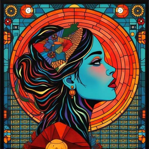 Art Deco style goddess portrait with surreal and geometric patterns. Vivid colors used in a stained glass format. Intricate details create visual depth. Inspired by Escher, Bridget Riley, and Sonia Delaunay.