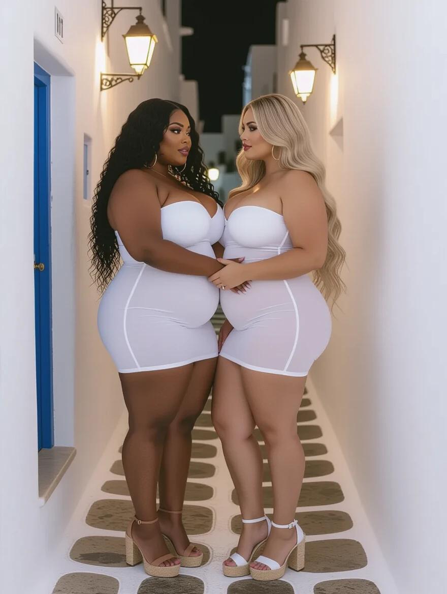 Two women with different skin tones stand together in a Mykonos alley at night. One has long black curly hair and a dark skin tone. The other has long blonde wavy hair and a light skin tone. Both wear white bandage dresses. They embrace each other. The setting features a charming alley with soft lighting.